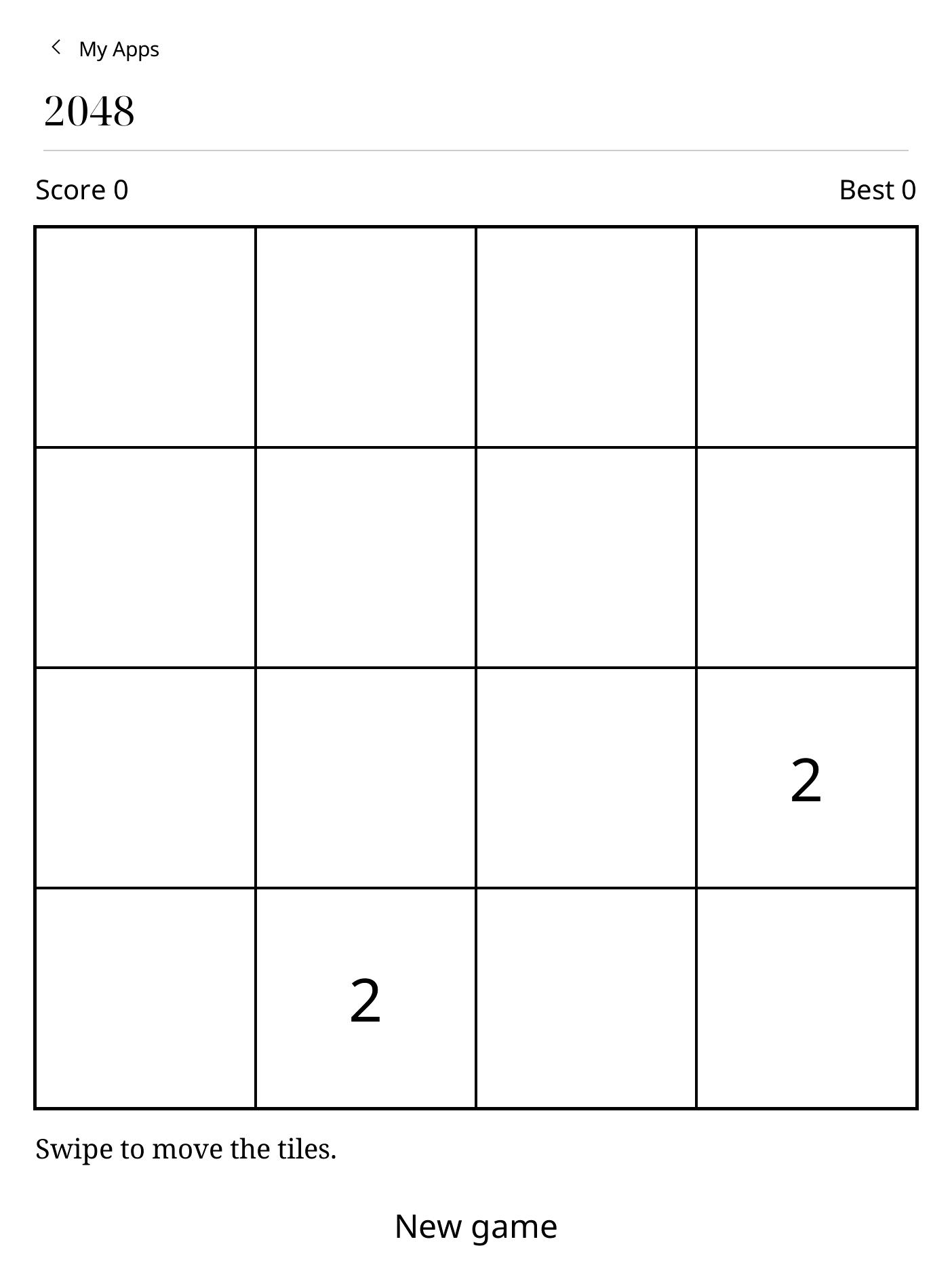 2048 showing two starting tiles, score and New game control.