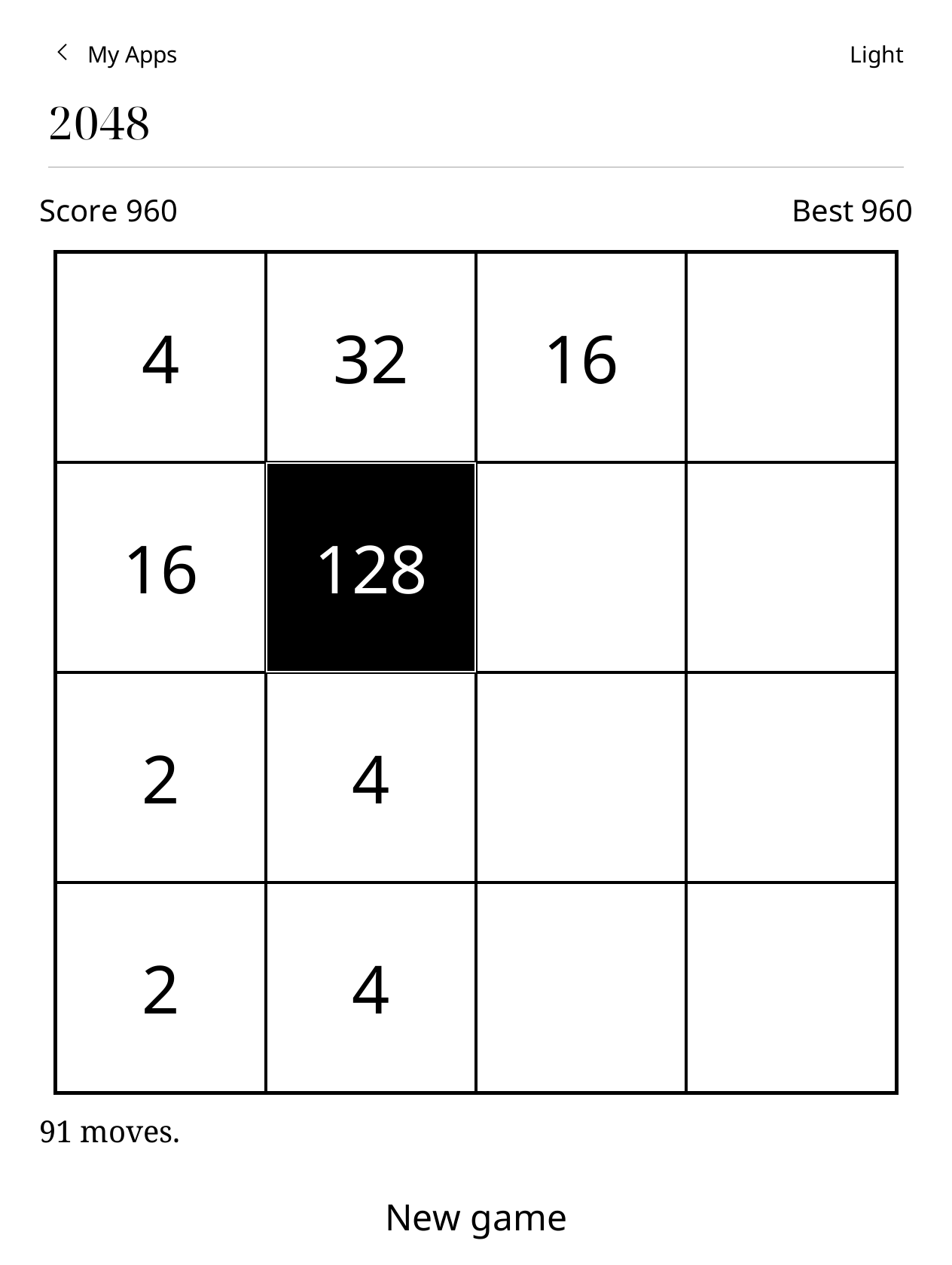 Kobo 2048 with a game in progress and a score of 960.