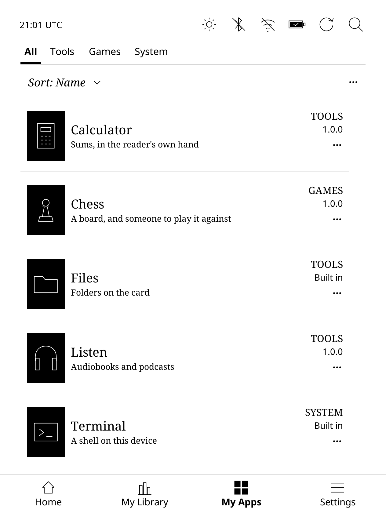 Kobo My Apps listing Calculator, Chess, Files, Listen and Terminal.