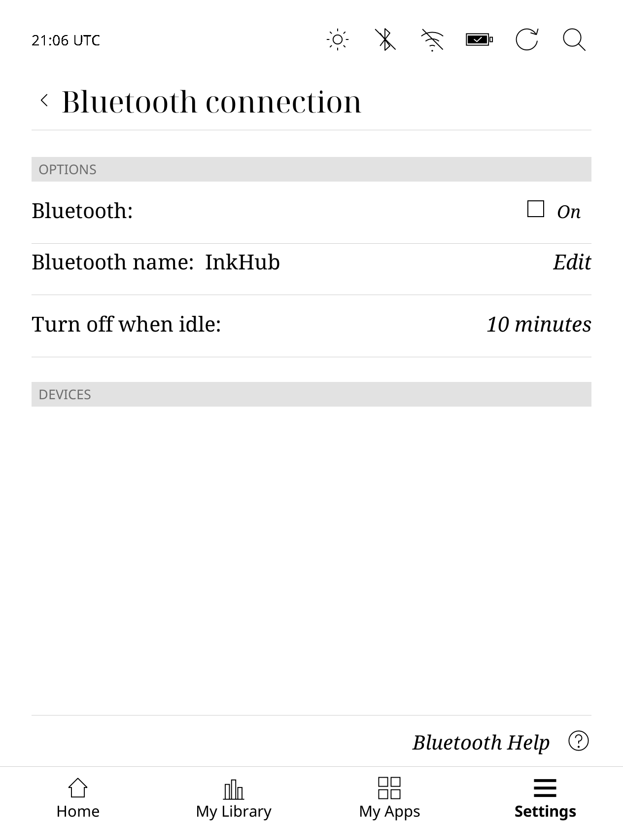 Kobo Bluetooth connection settings.