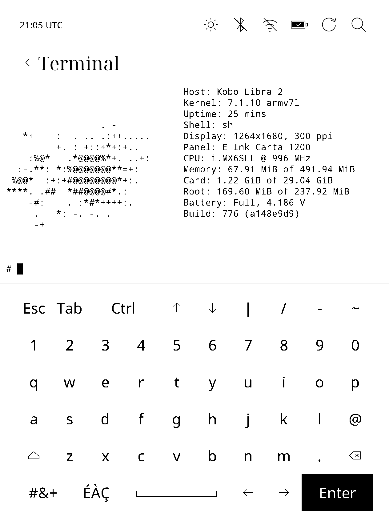 fastfetch running inside InkHub Terminal on Kobo Libra 2.
