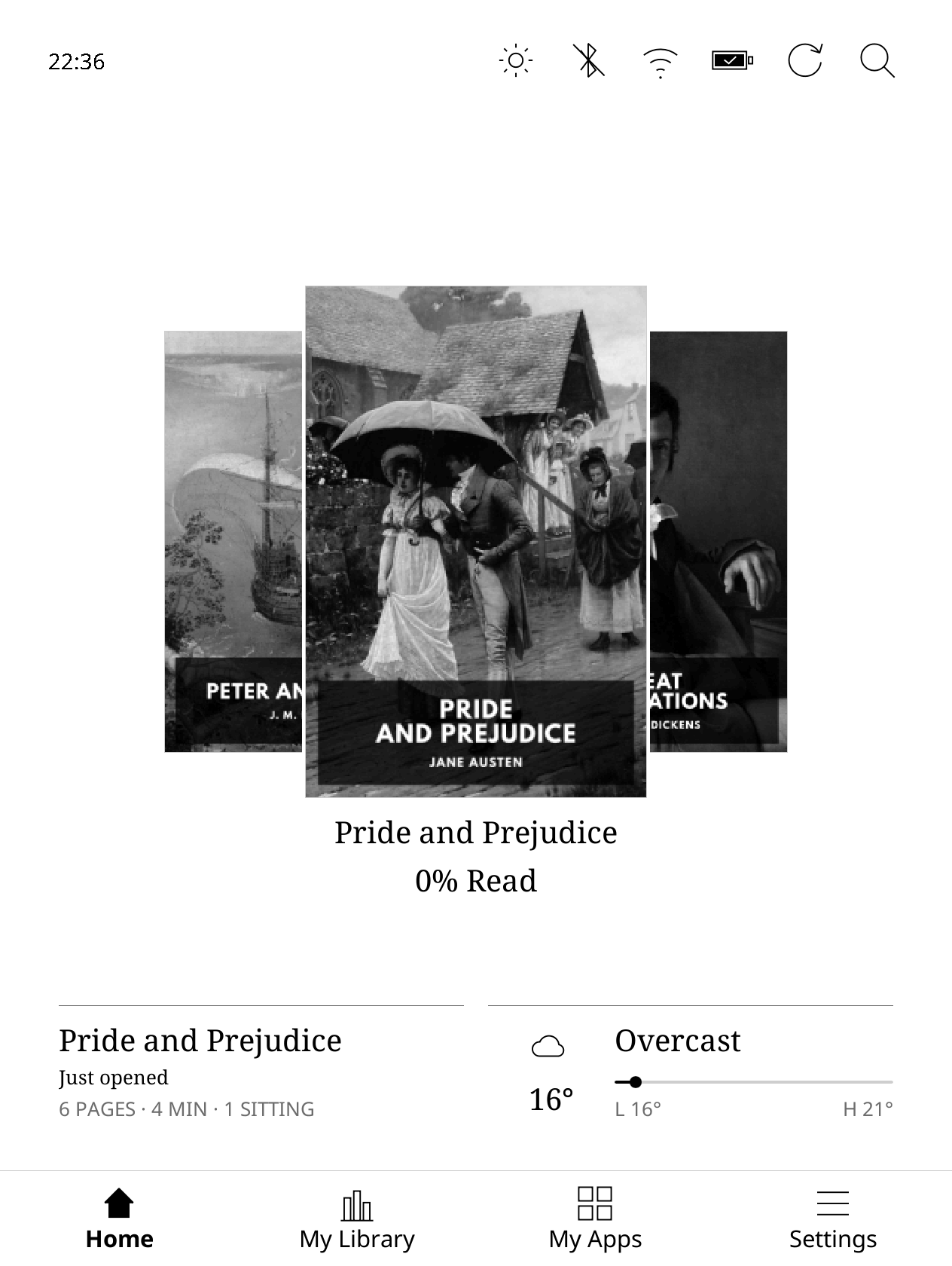 Kobo Home showing Pride and Prejudice between Peter and Wendy and Great Expectations.