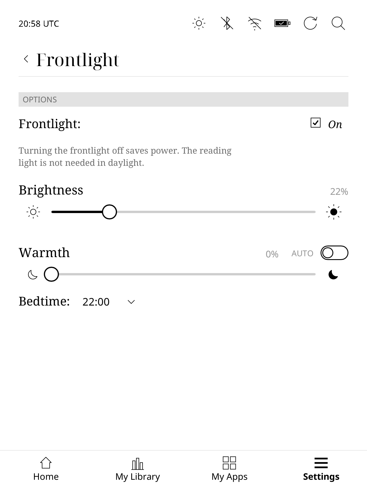 Kobo Frontlight settings with brightness, warmth, automatic warmth and bedtime.