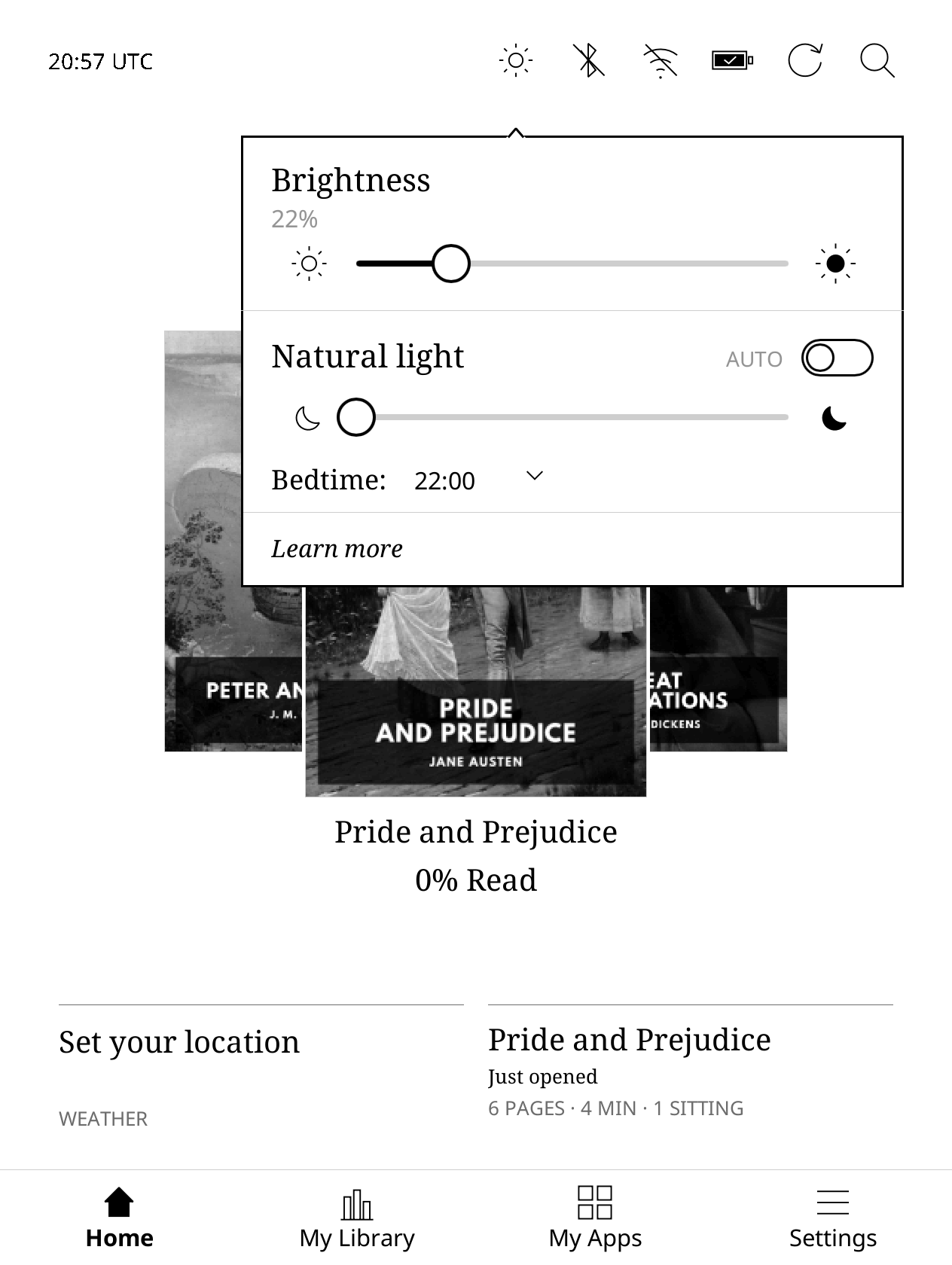 Brightness with sun icons and Natural light with outline and filled moon icons.