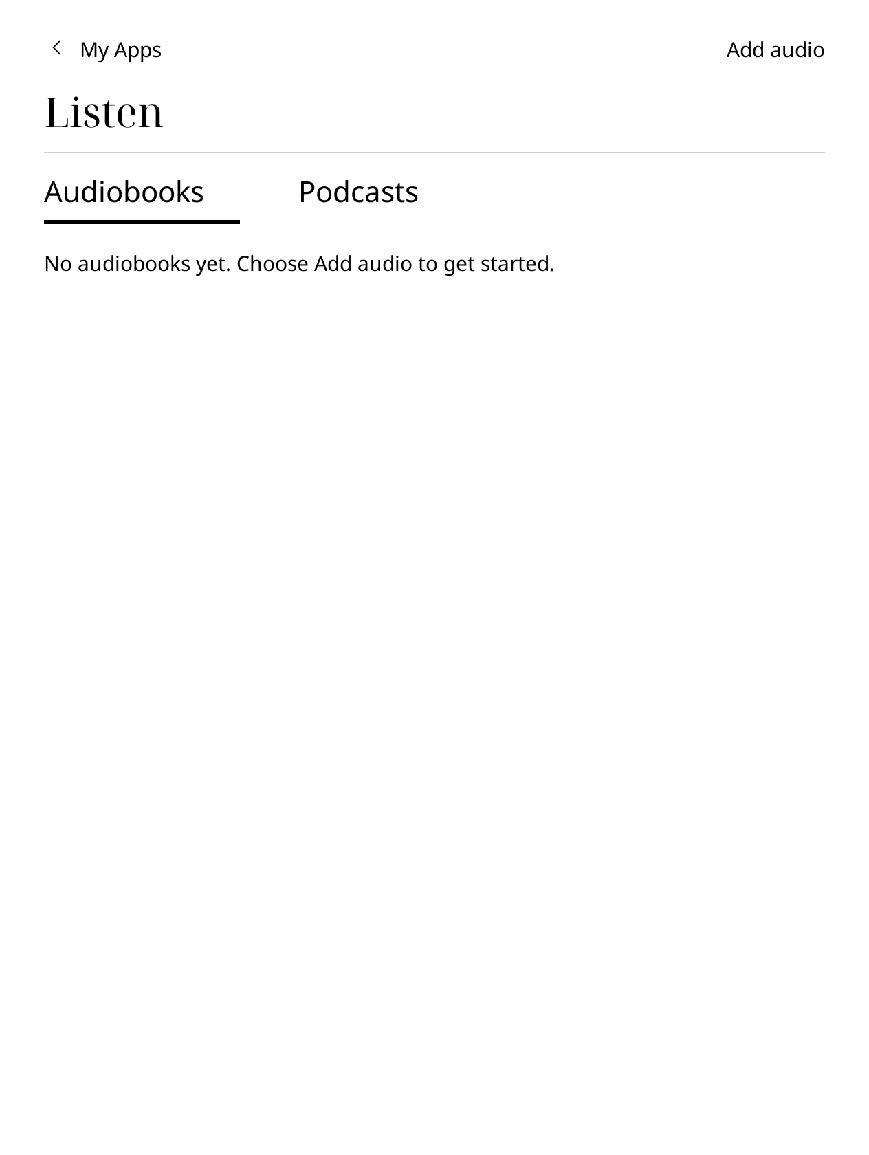 Listen showing an empty audiobook library and Add audio.