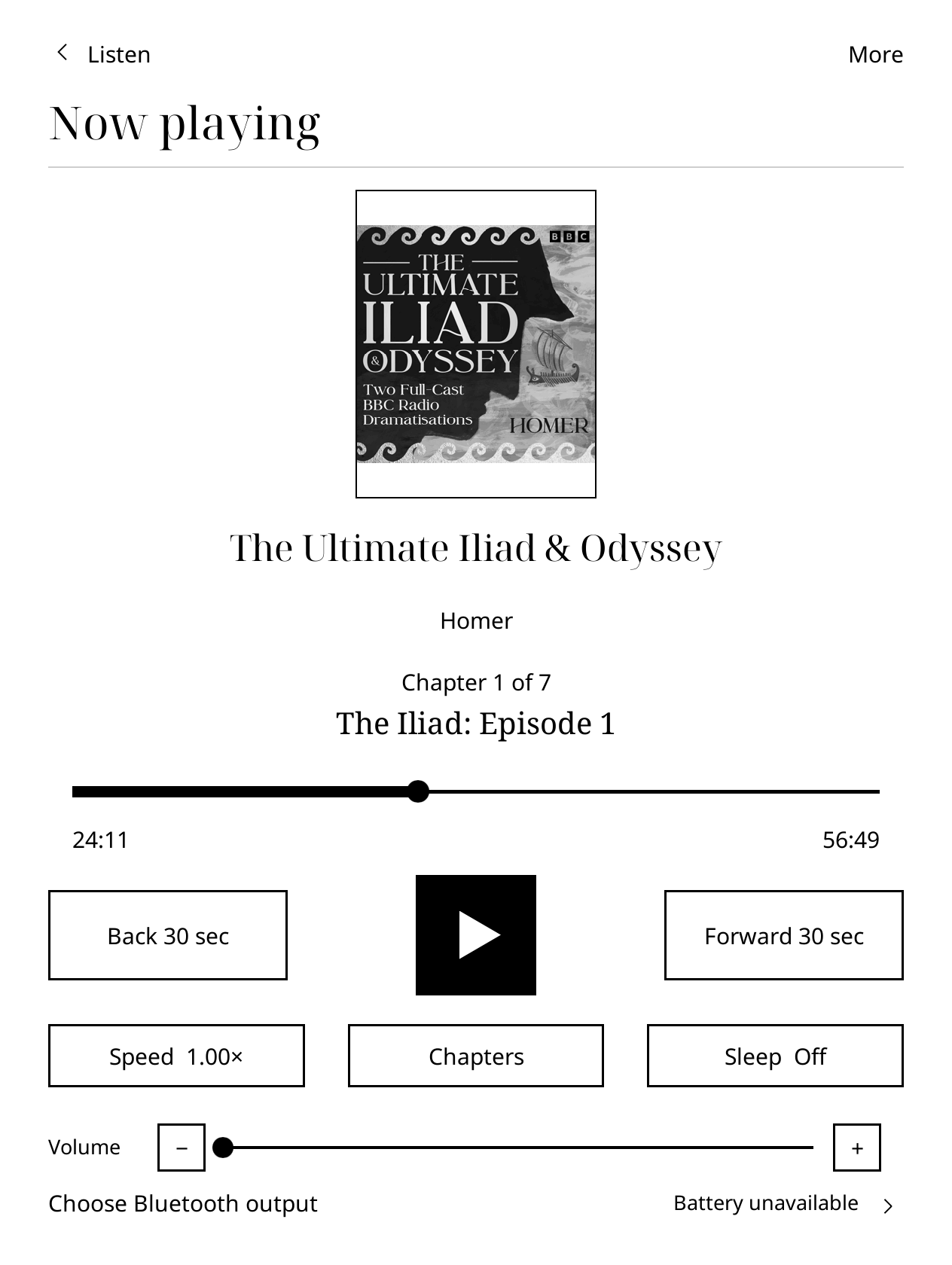 Listen audiobook player with play, skip, speed, chapters, sleep timer, volume and Bluetooth output controls.