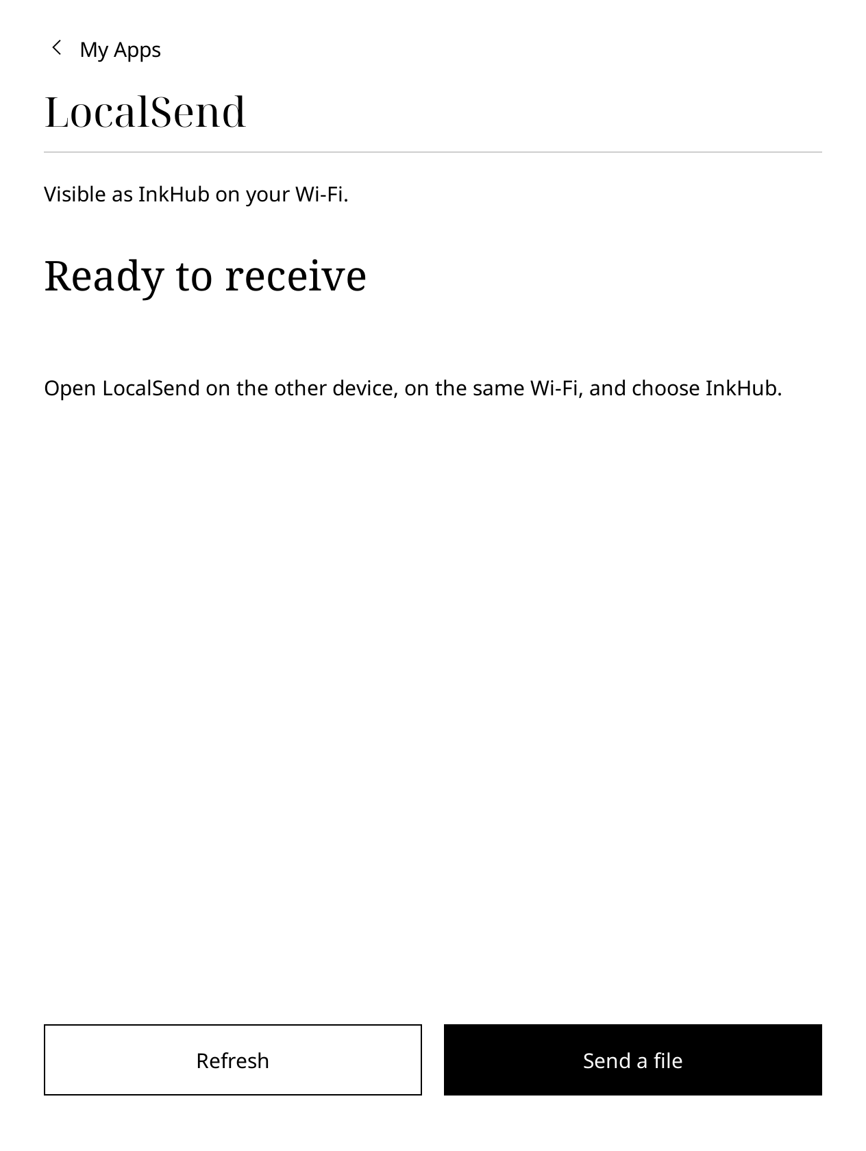 LocalSend on Kobo, ready to receive files with Send a file and Refresh controls.