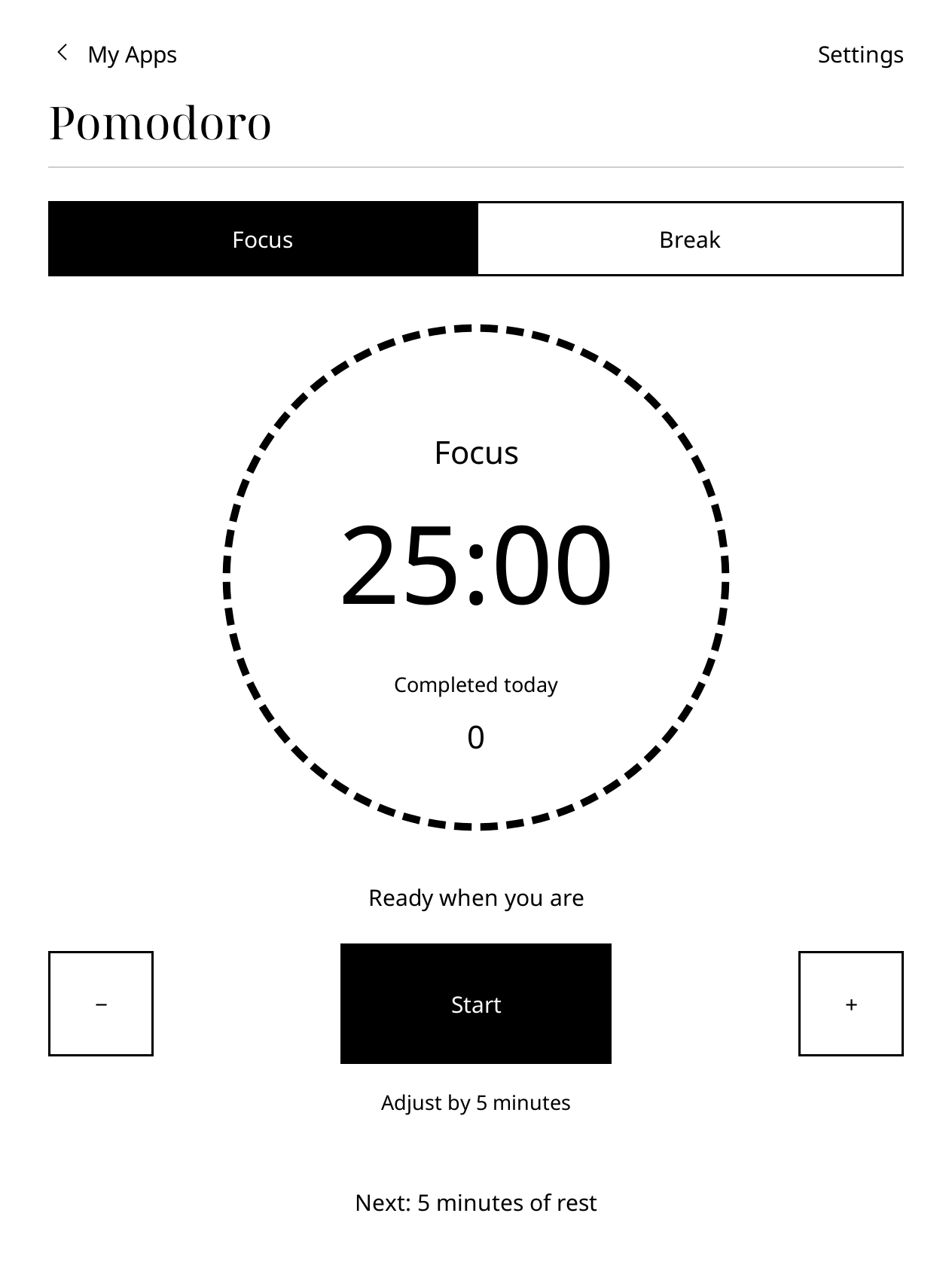 Kobo Pomodoro showing a 25-minute focus session ready to start.
