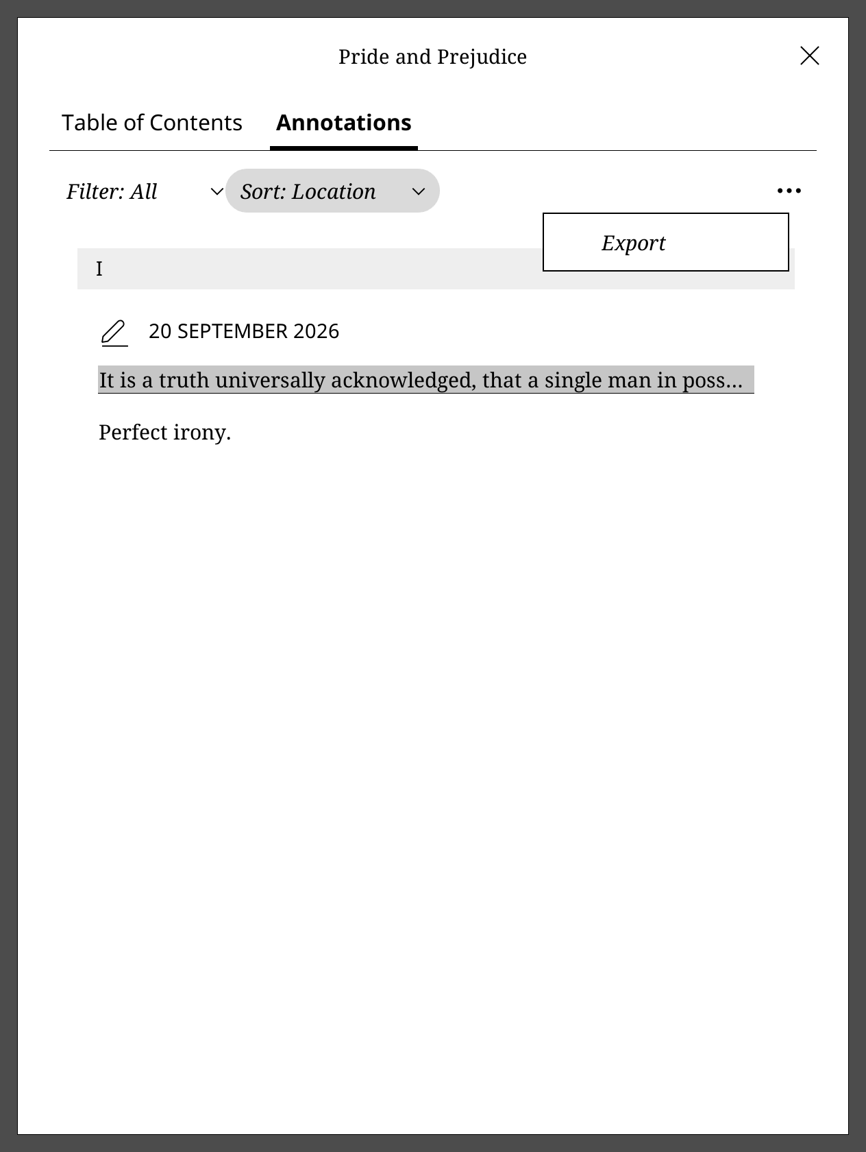 The annotations list with its Export option visible.