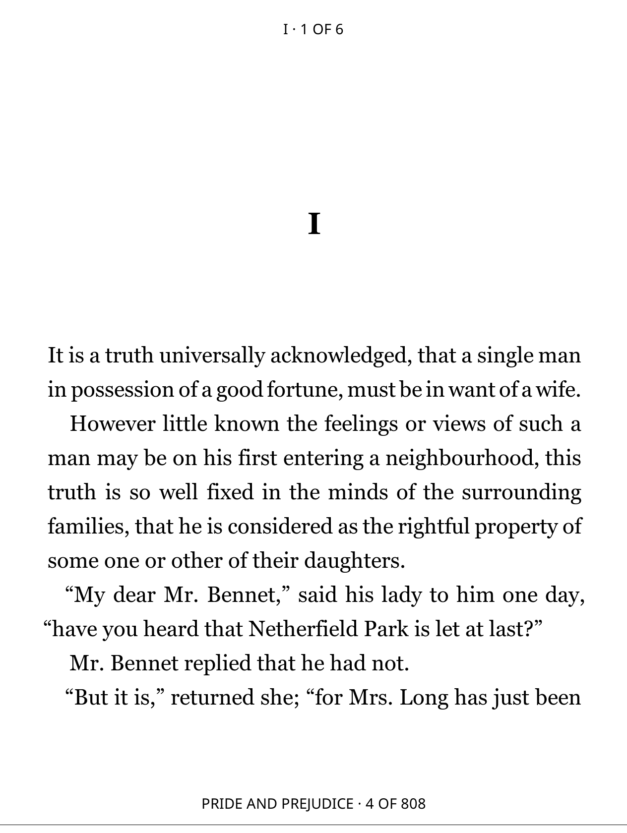 The first page of Chapter I of Pride and Prejudice.