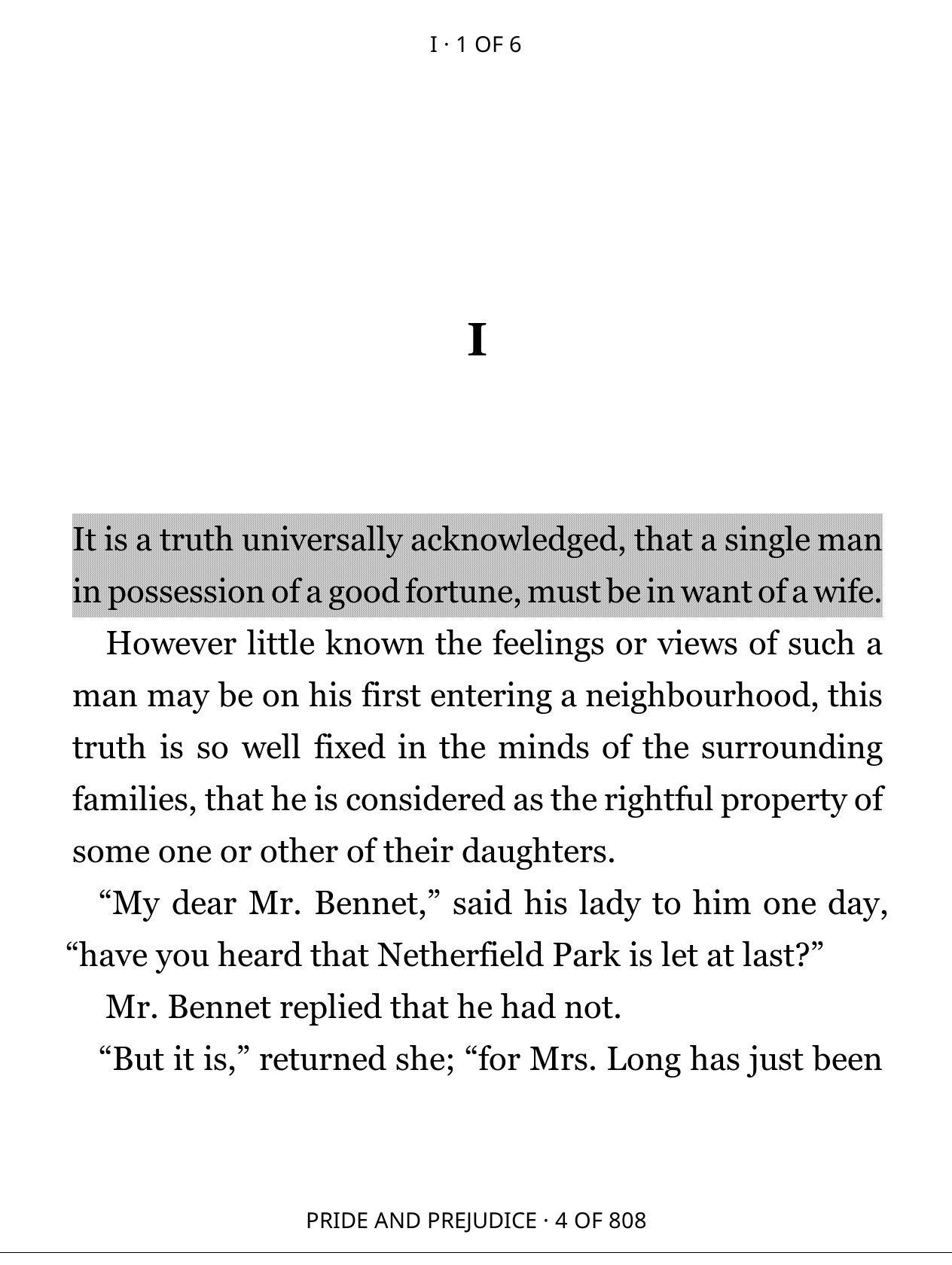 A saved passage highlighted in Pride and Prejudice.