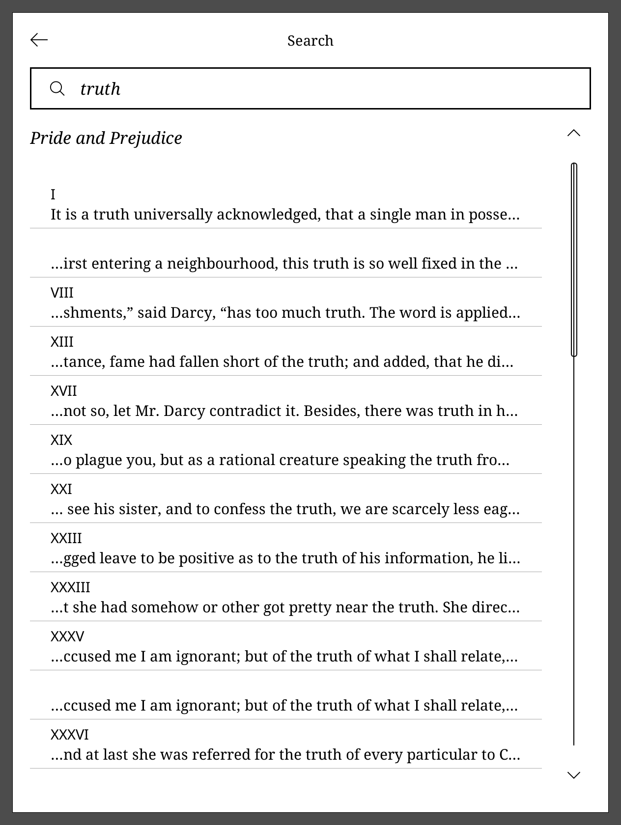 In-book search results for truth in Pride and Prejudice.