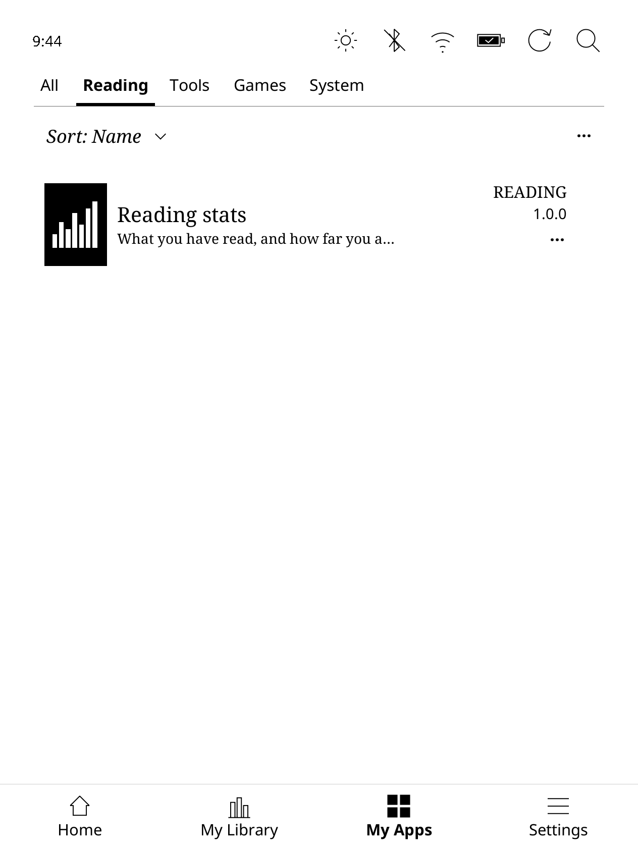 Kobo My Apps with the Reading category selected and Reading stats available.