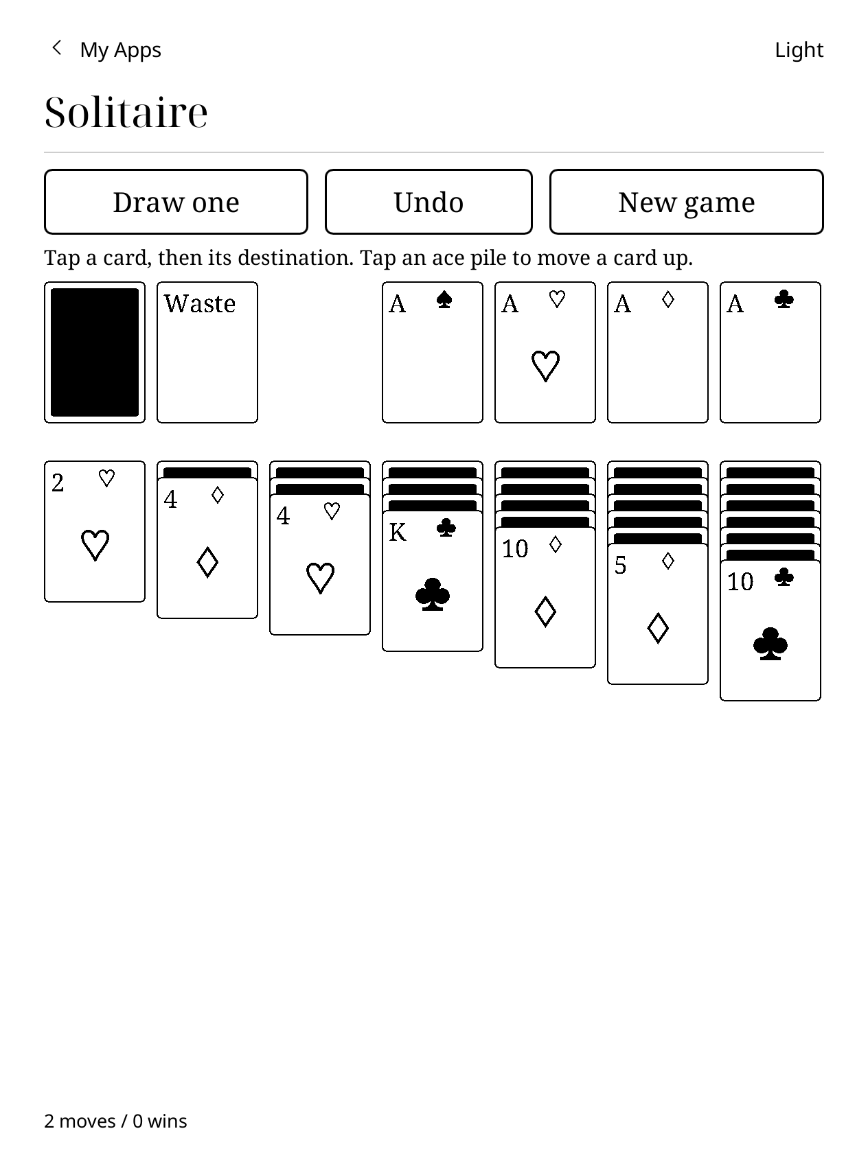 Kobo Solitaire with a game in progress and a heart ace on its foundation.