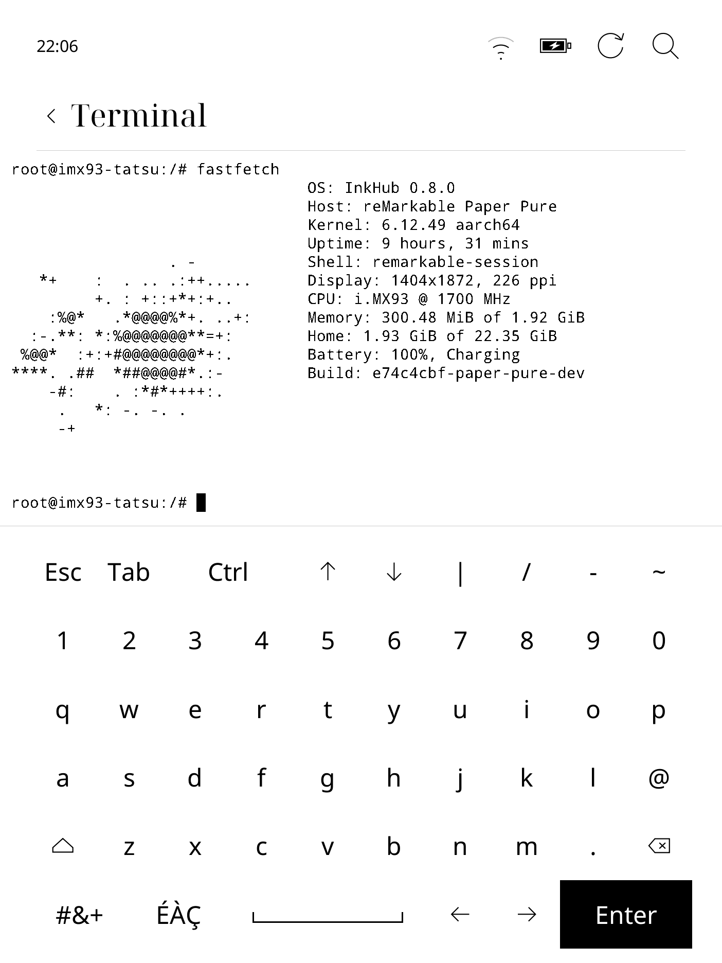 fastfetch running inside InkHub Terminal on Paper Pure.