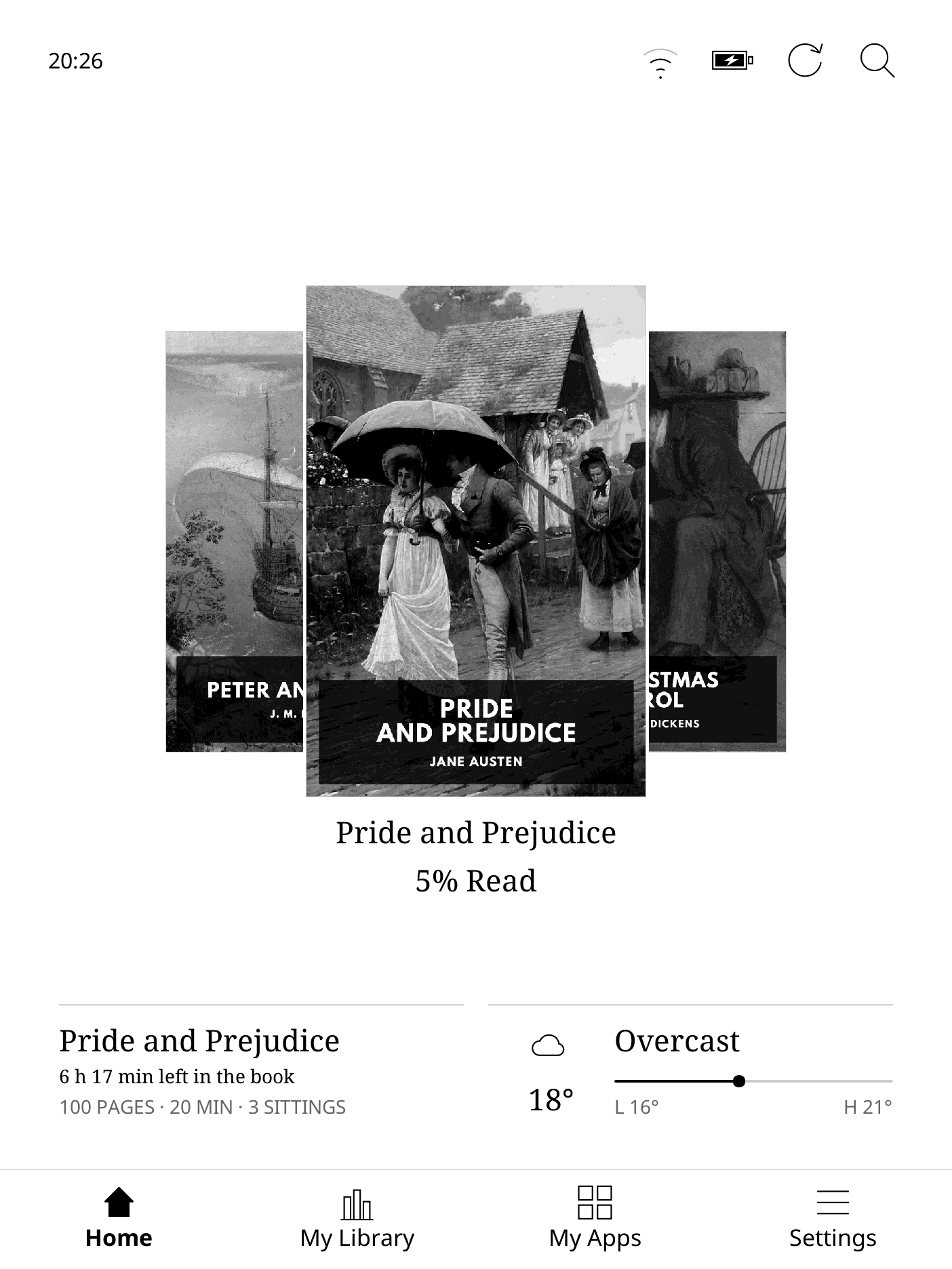 Home carousel with Pride and Prejudice, Peter and Wendy, and A Christmas Carol.