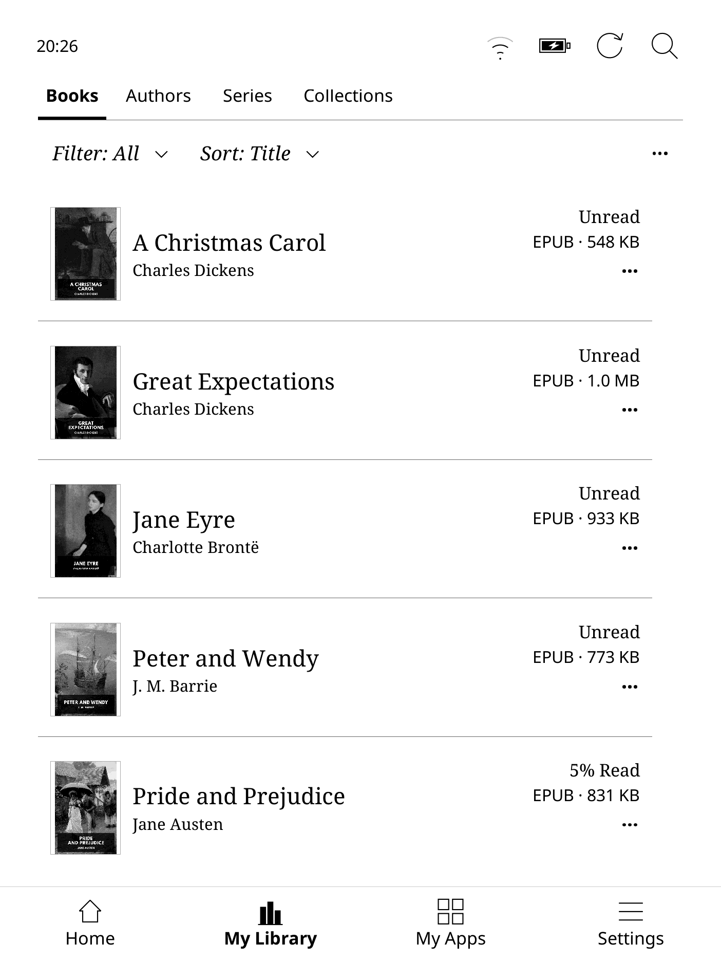 Five Standard Ebooks titles in My Library.