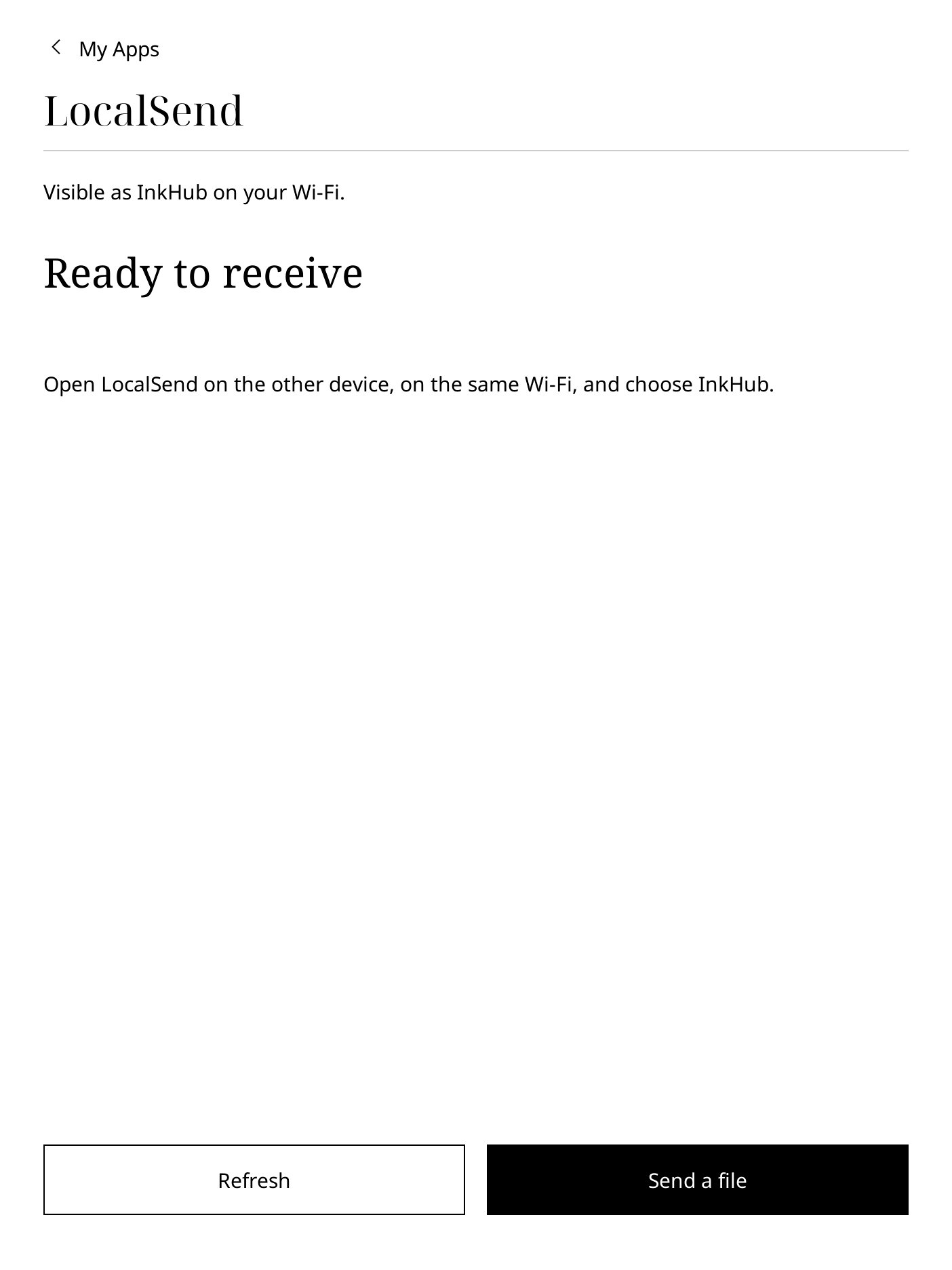 LocalSend on Paper Pure, ready to receive files with Send a file and Refresh controls.