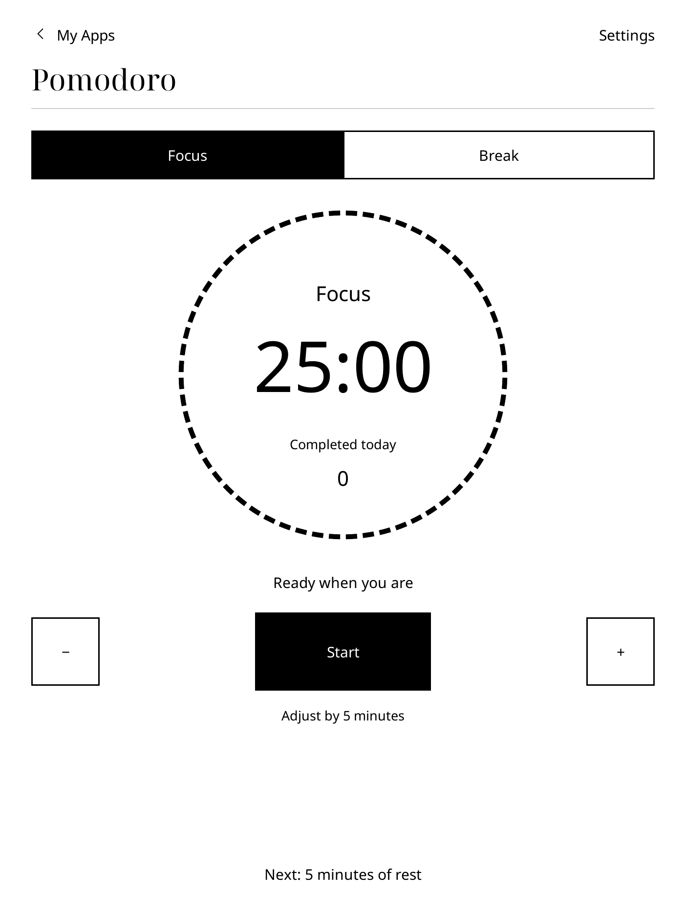 Paper Pure Pomodoro showing a 25-minute focus session ready to start.