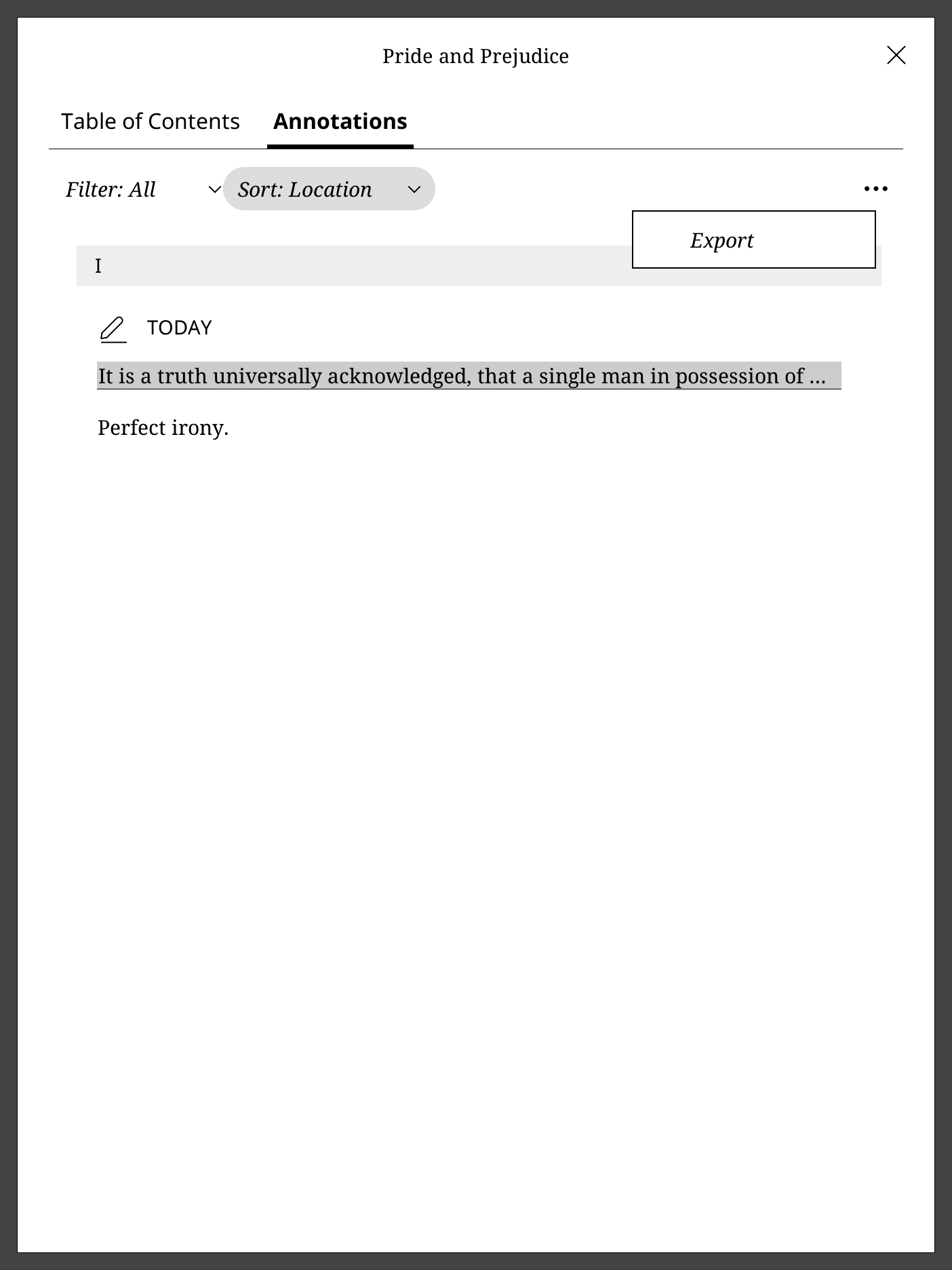 The annotations list with its Export option visible.