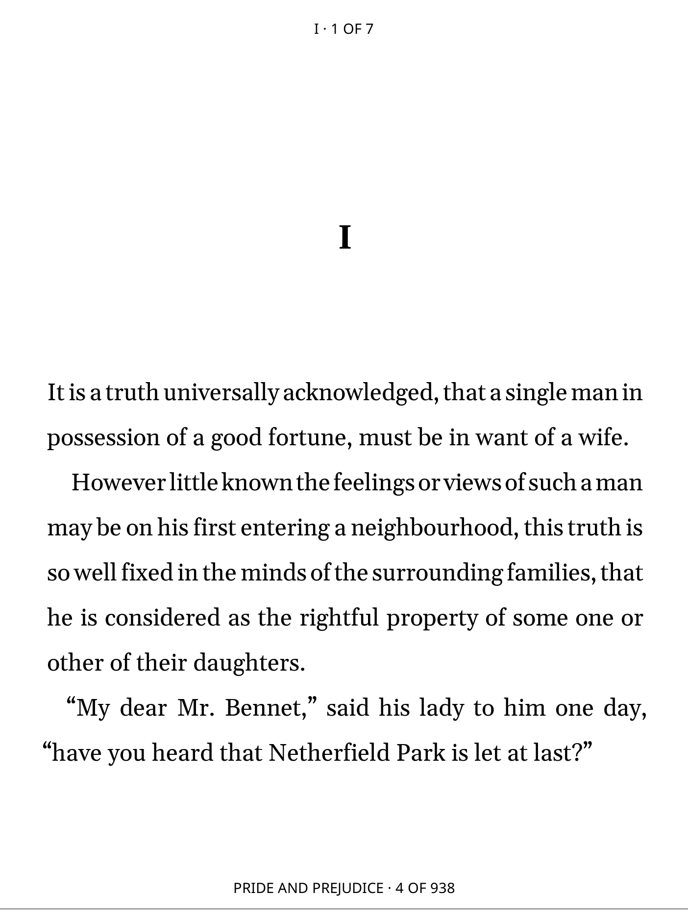 The first page of Chapter I of Pride and Prejudice.