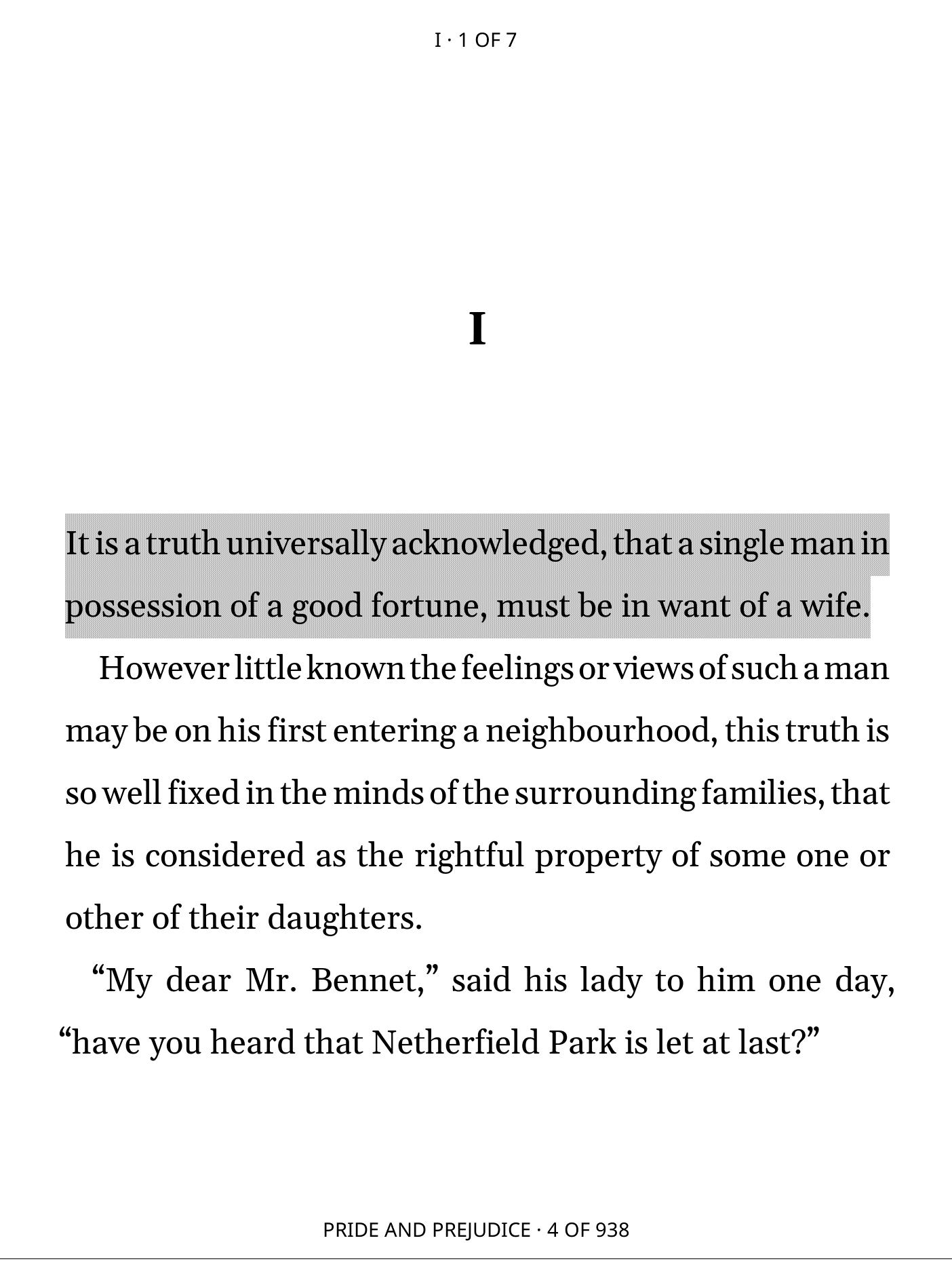 A saved passage highlighted in Pride and Prejudice.