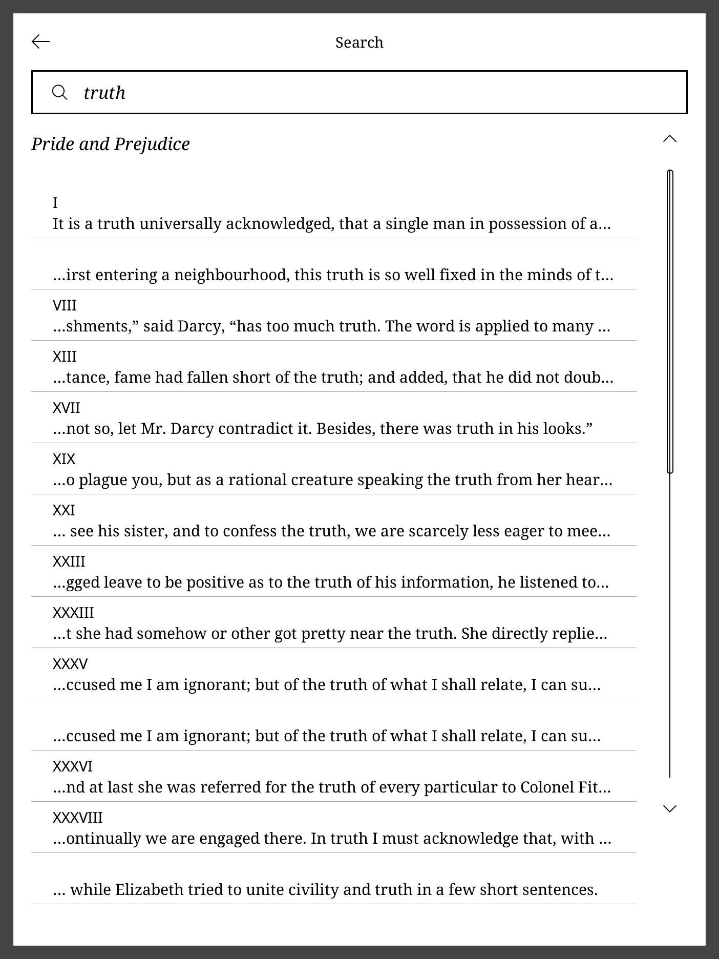 In-book search results for truth in Pride and Prejudice.