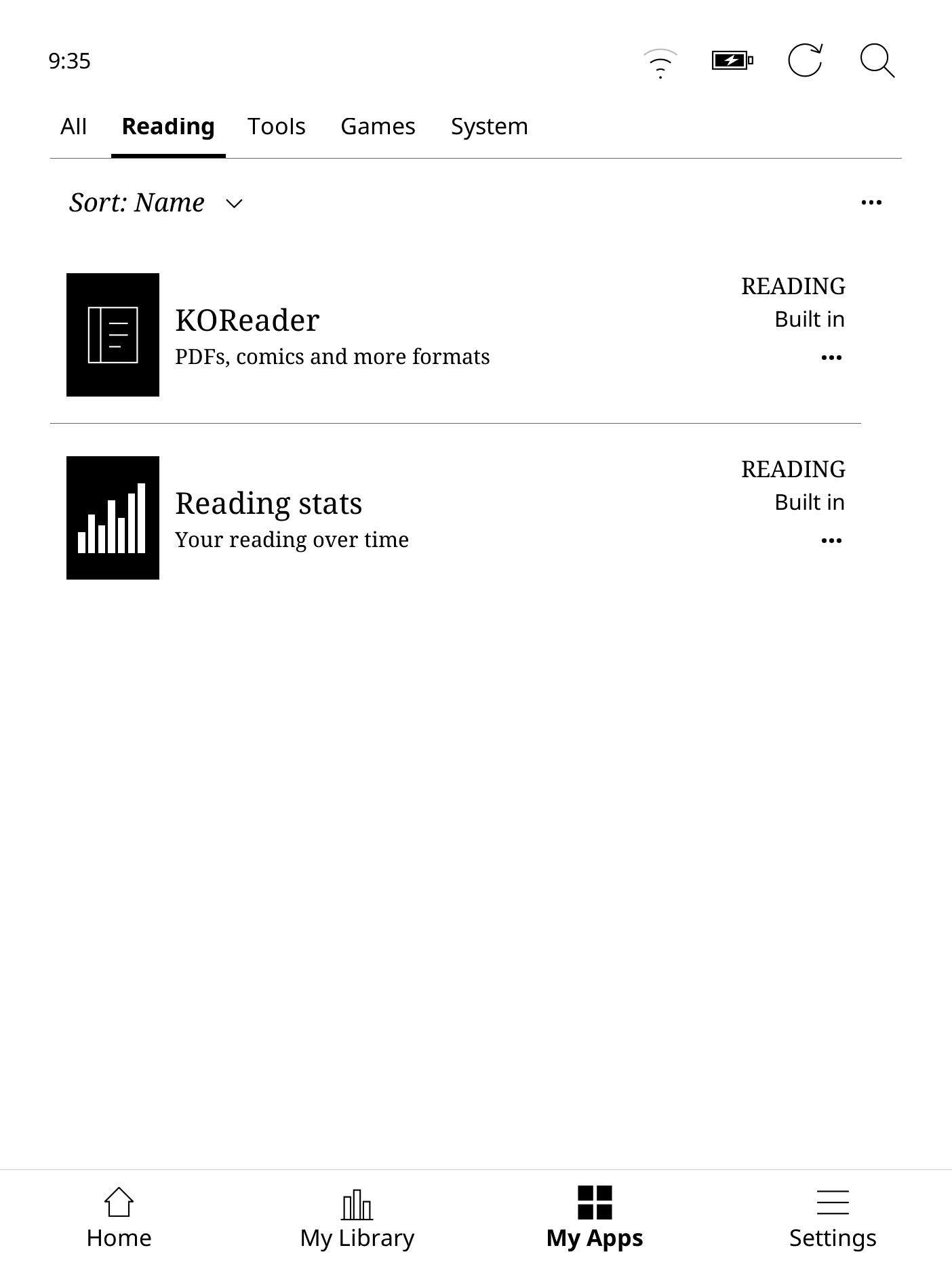 My Apps on Paper Pure with the Reading category selected, showing KOReader and Reading stats.