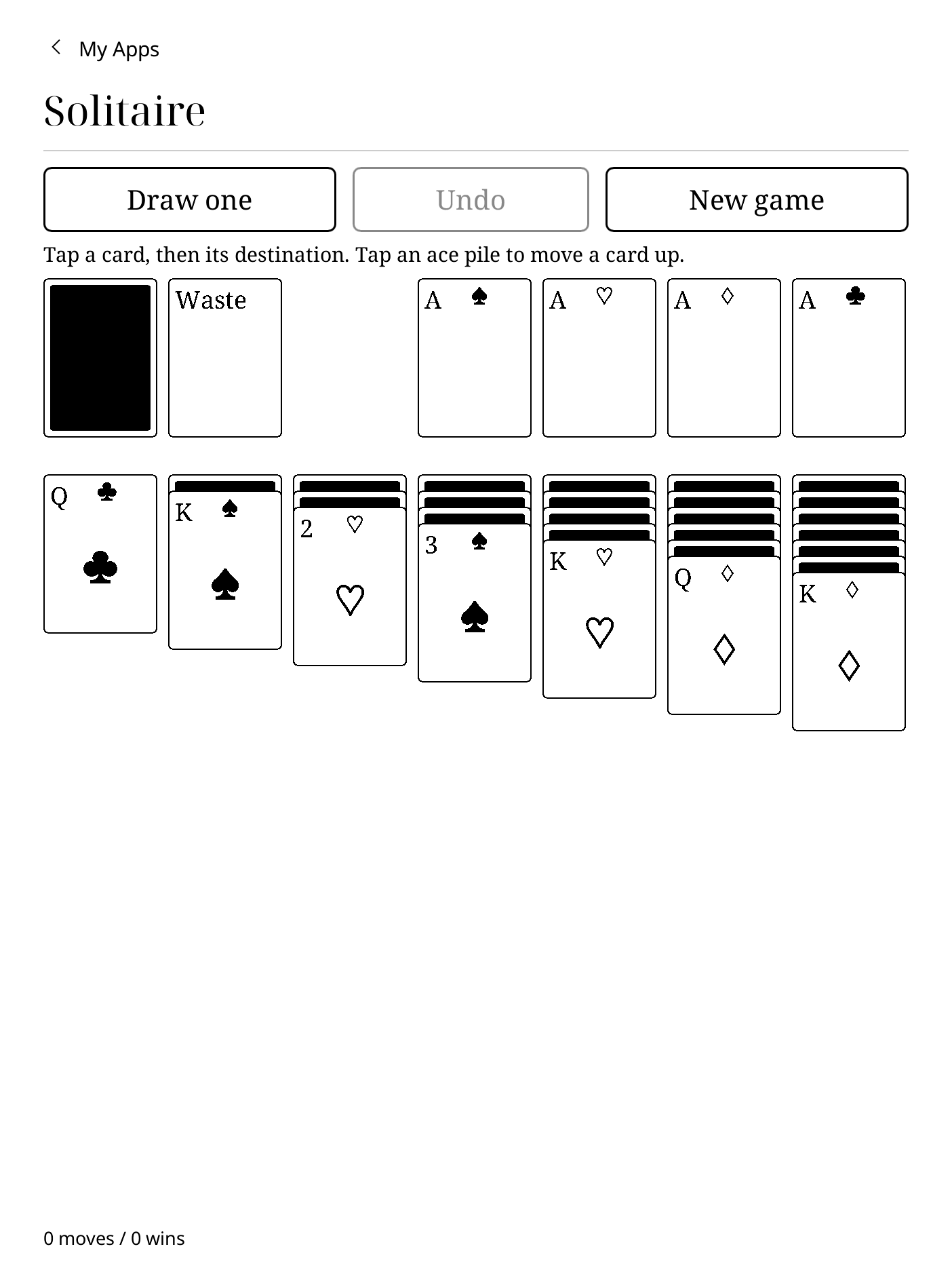 Solitaire with seven columns of cards, foundations and draw controls.