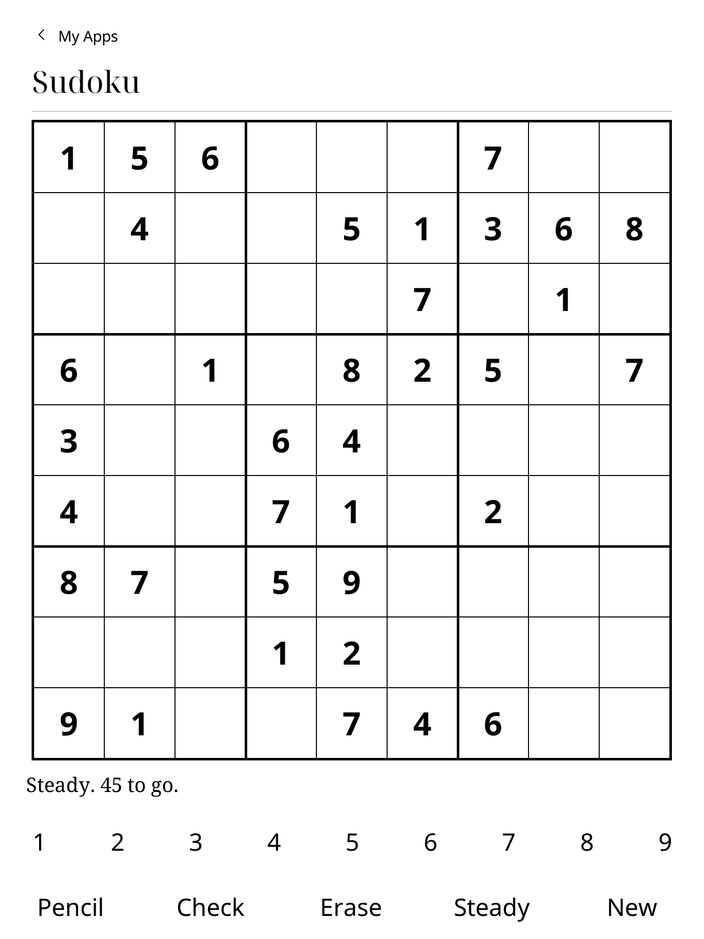 Sudoku grid with number entry, Pencil, Check, Erase and difficulty controls.
